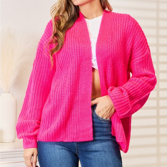 NEW Woven Right Hot Pink Ribbed Knit Open Front Drop Shoulder Cardigan Sweater - Picture 7 of 12